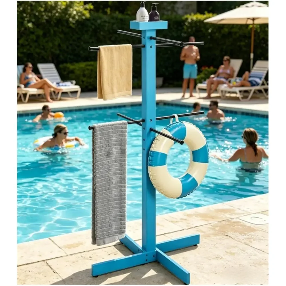 Outdoor Pool Towel Rack 53” Wood Stand 4 Adjustable Bars Blue Open Box